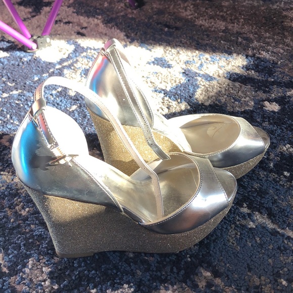 NEW Silver Sparkly Open Toe Wedges - Picture 1 of 5
